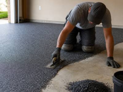Rubber surfacing being troweled onto a garage floor