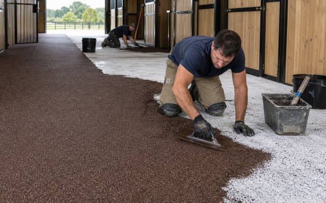 Installer troweling brown rubber surfacing down a horse barn aisle between stalls
