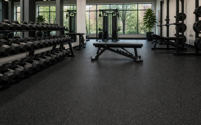Black rubber gym floor under a rack of dumbbells and a squat rack